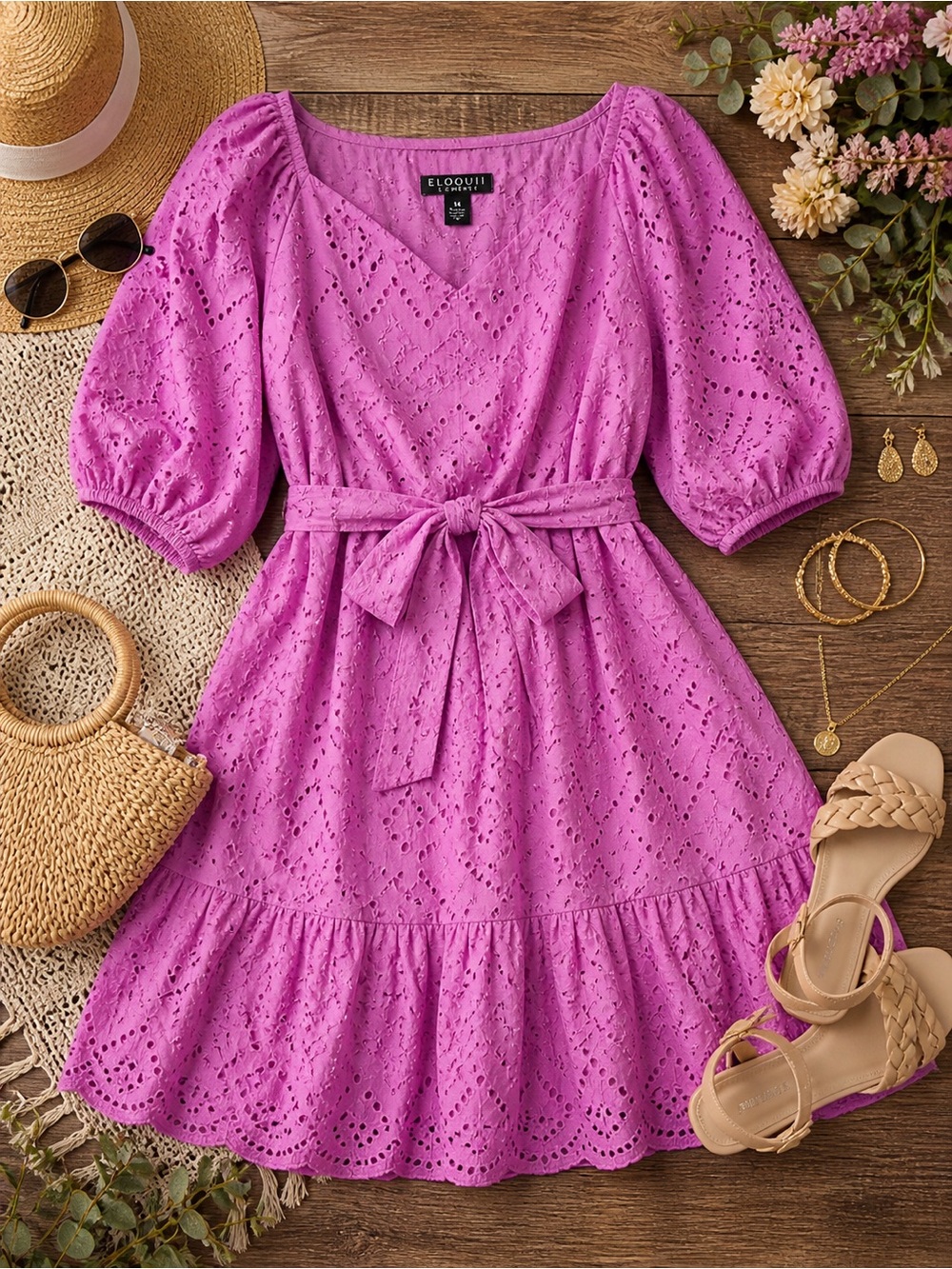 Eloquii Plus Size Pink Eyelet Dress Size 14|Feminine tie waist mini|Cottagecore
